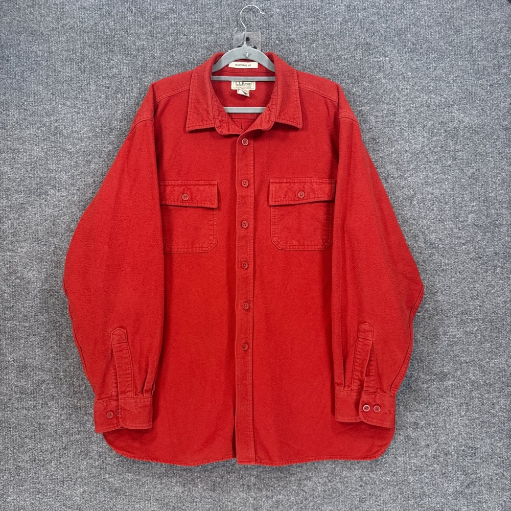 L.L Bean Chamois Cloth Shirt Mens XL Red Heavy Cotton Flannel Button Up Vintage